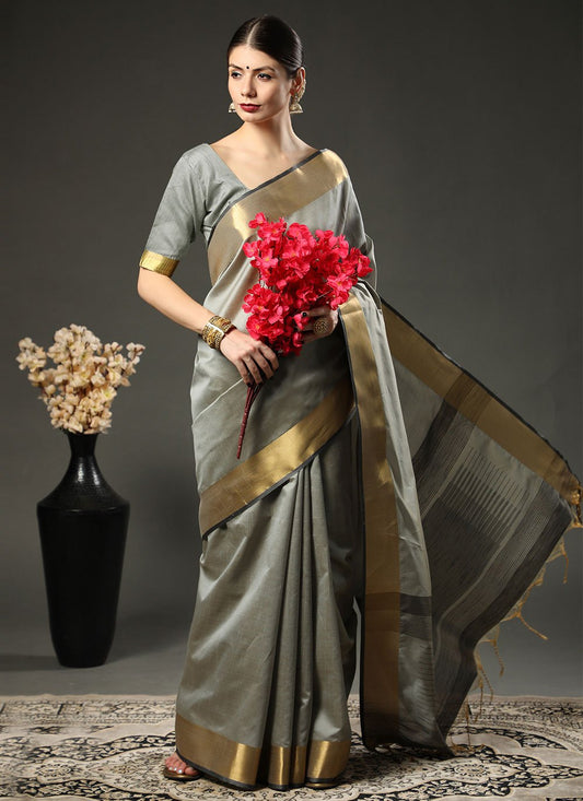 Classic Raw Silk Grey Patch Border Saree