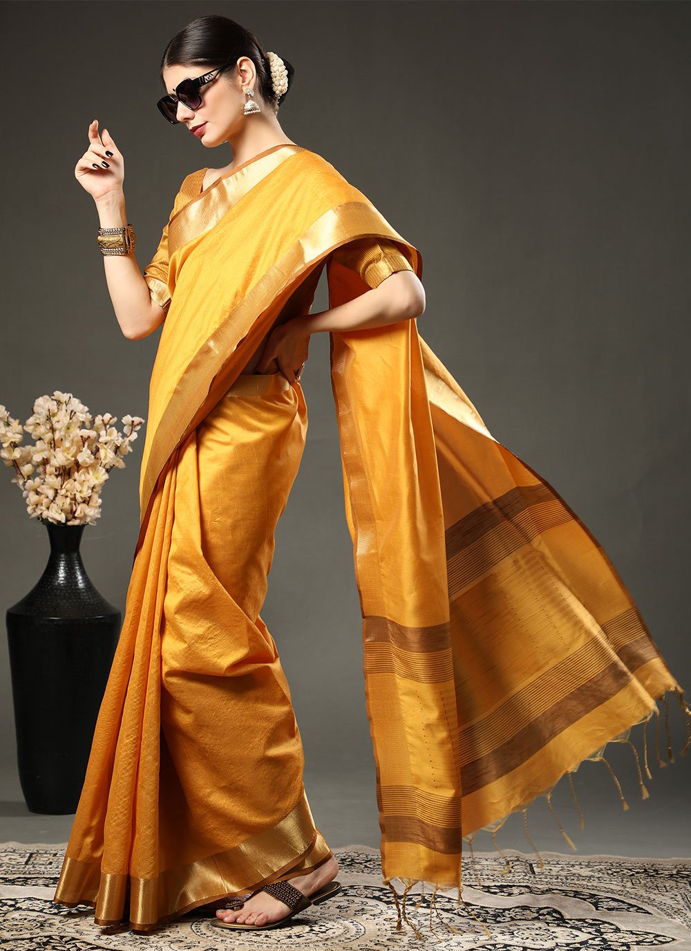 Classic Raw Silk Mustard Patch Border Saree