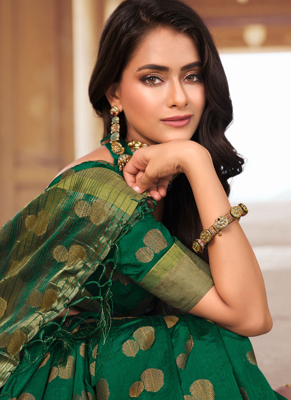 Contemporary Raw Silk Green Woven Saree