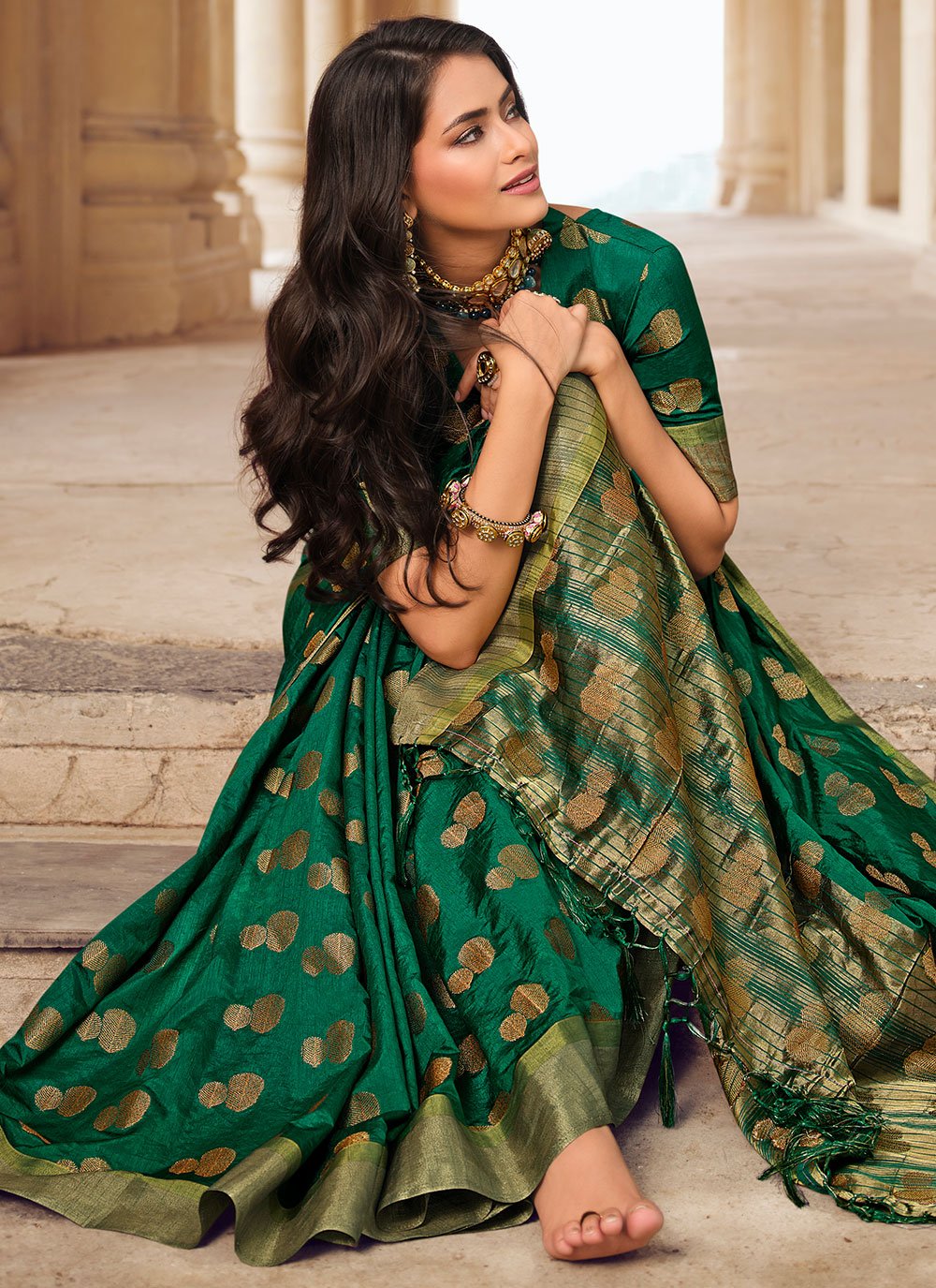 Contemporary Raw Silk Green Woven Saree