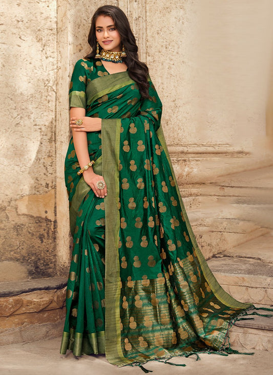 Contemporary Raw Silk Green Woven Saree