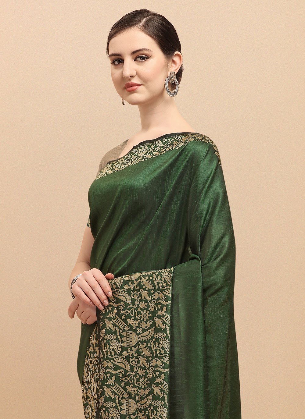 Contemporary Banglori Silk Raw Silk Green Woven Saree