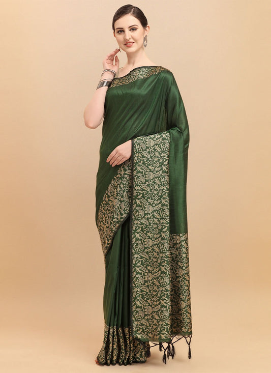 Contemporary Banglori Silk Raw Silk Green Woven Saree