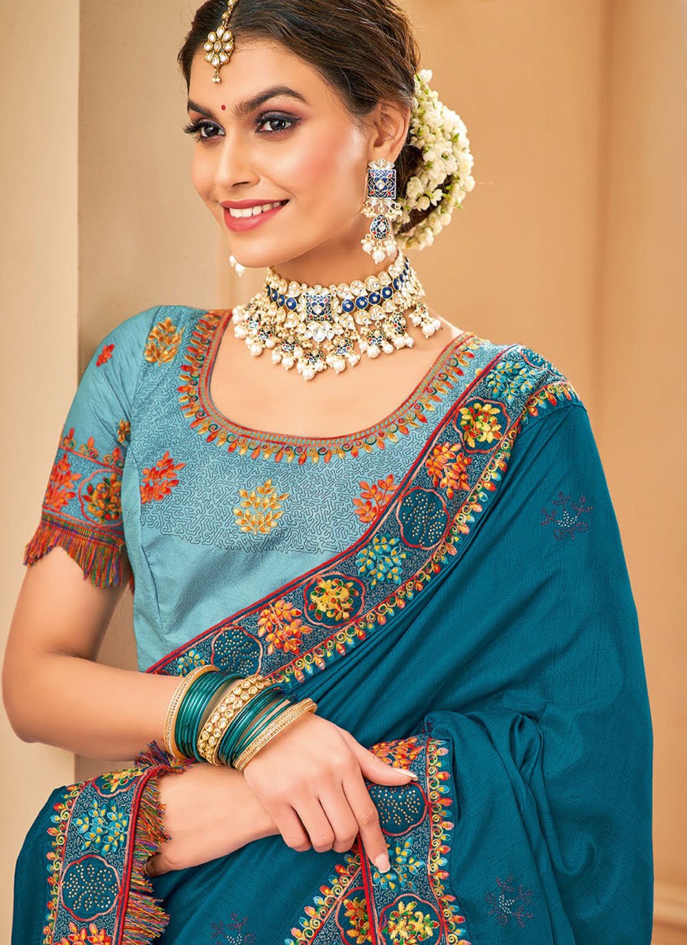 Classic Raw Silk Blue Embroidered Saree