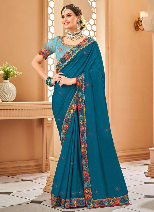 Classic Raw Silk Blue Embroidered Saree