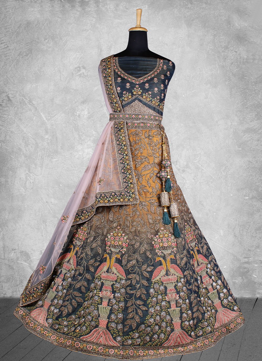 A Line Lehenga Raw Silk Grey Embroidered Lehenga Choli