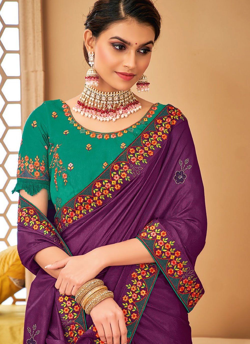 Trendy Saree Raw Silk Purple Embroidered Saree