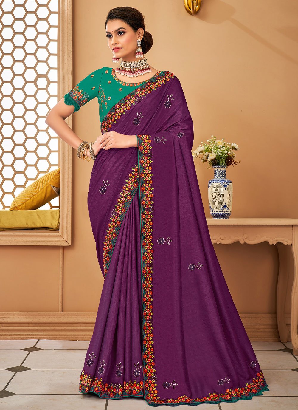 Trendy Saree Raw Silk Purple Embroidered Saree