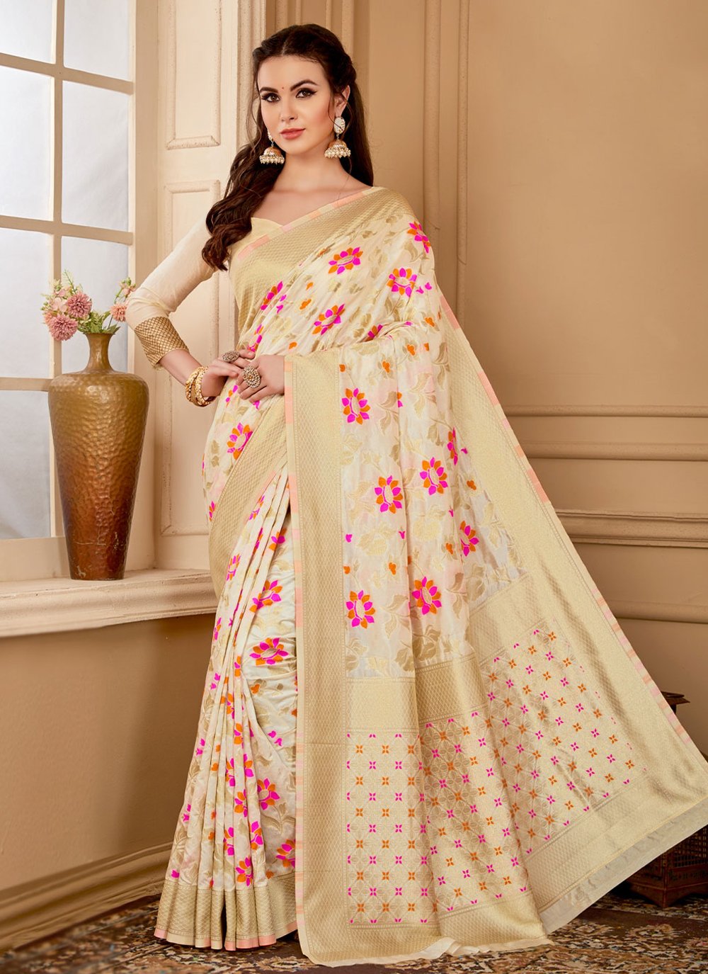 Classic Raw Silk Cream Weaving Saree