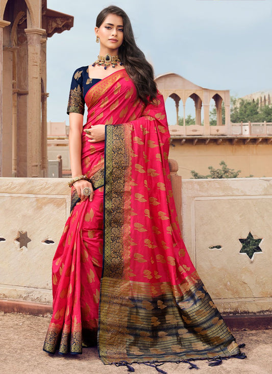 Classic Raw Silk Fuchsia Woven Saree