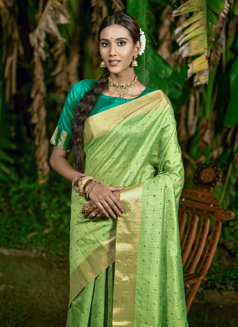 Bandhani Saree Raw Silk Green Woven Saree