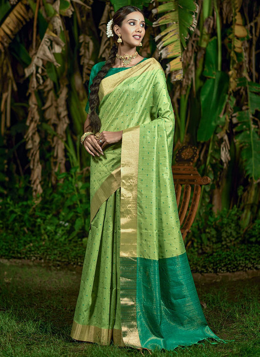 Bandhani Saree Raw Silk Green Woven Saree