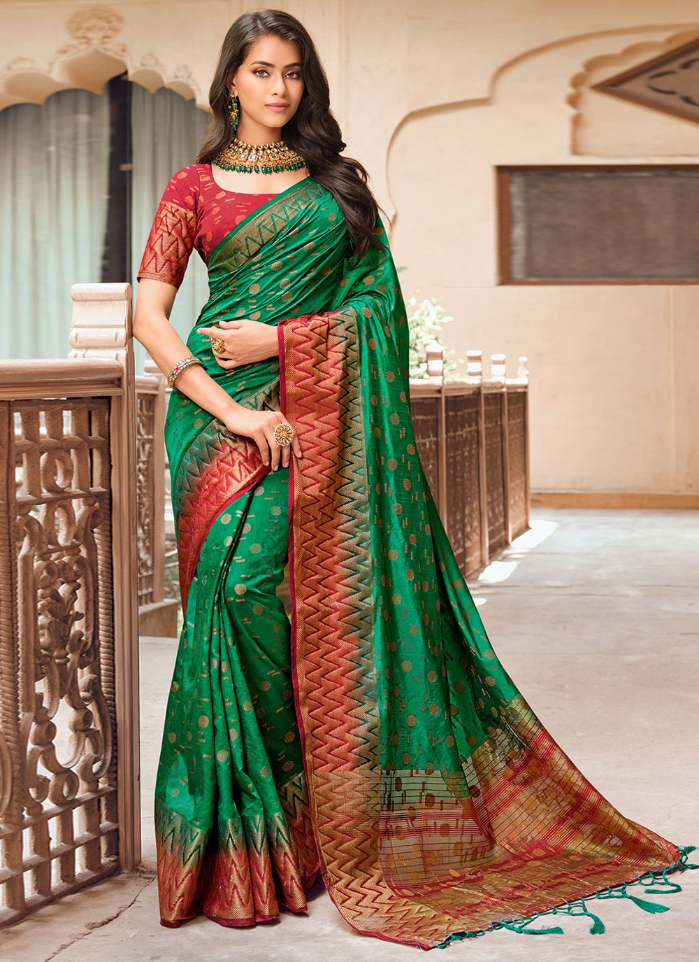 Classic Raw Silk Green Woven Saree