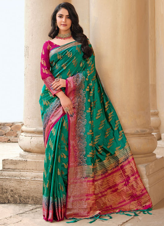 Classic Raw Silk Green Woven Saree