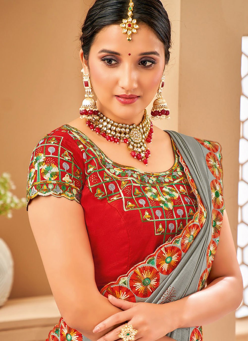 Classic Raw Silk Grey Embroidered Saree