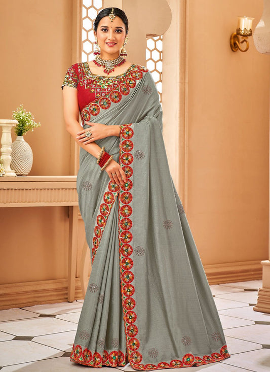 Classic Raw Silk Grey Embroidered Saree