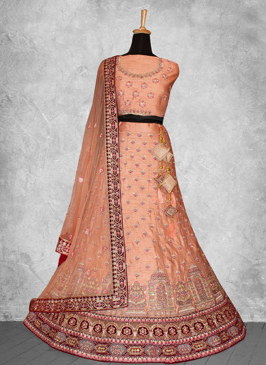 Lehenga Choli Raw Silk Peach Beads Lehenga Choli