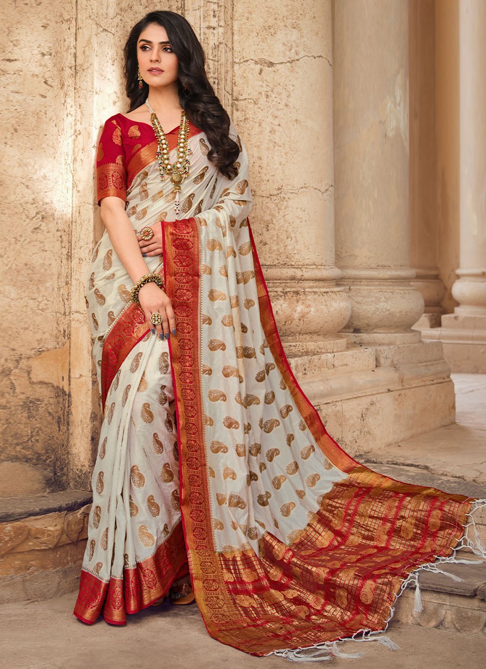 Trendy Saree Raw Silk Off White Woven Saree