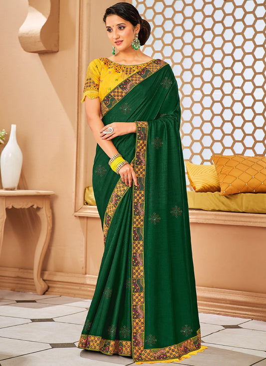 Classic Raw Silk Green Embroidered Saree