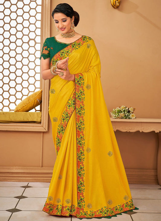 Trendy Saree Raw Silk Yellow Embroidered Saree