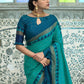 Classic Raw Silk Turquoise Woven Saree