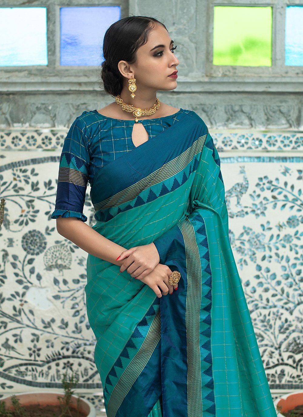 Classic Raw Silk Turquoise Woven Saree