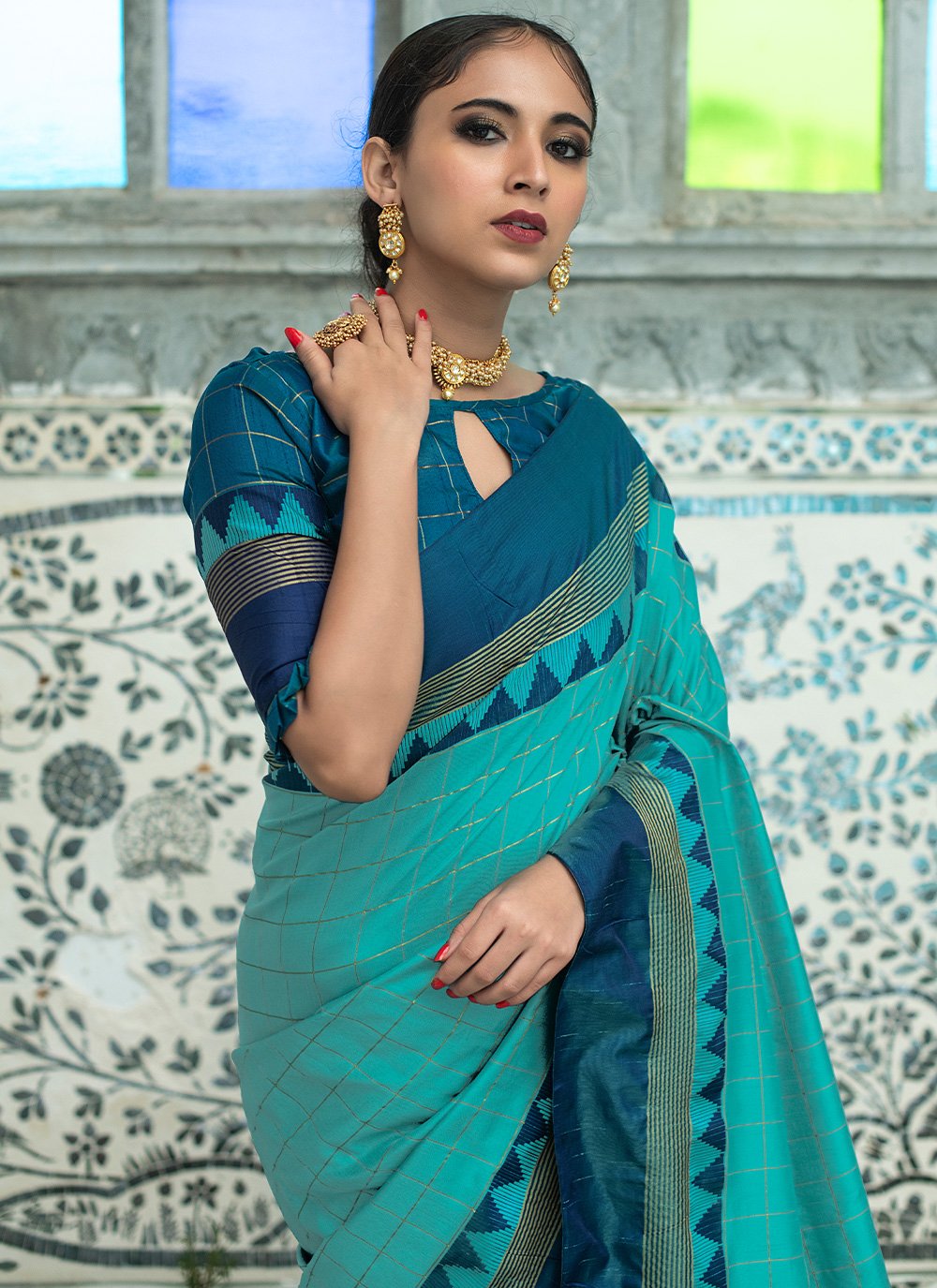 Classic Raw Silk Turquoise Woven Saree