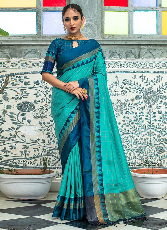 Classic Raw Silk Turquoise Woven Saree