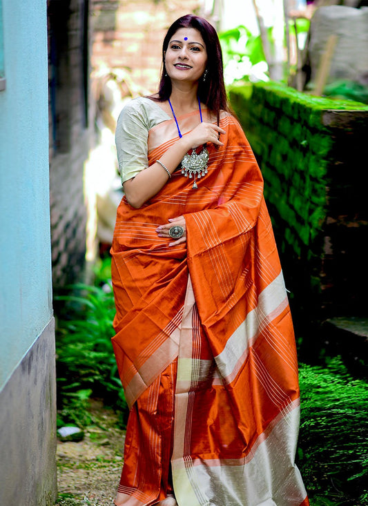 Contemporary Raw Silk Orange Weaving Saree