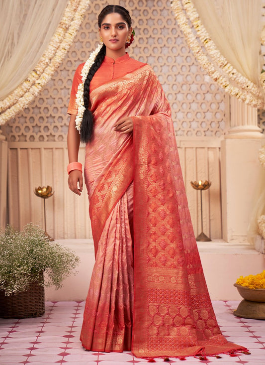 Designer Raw Silk Peach Weaving Saree