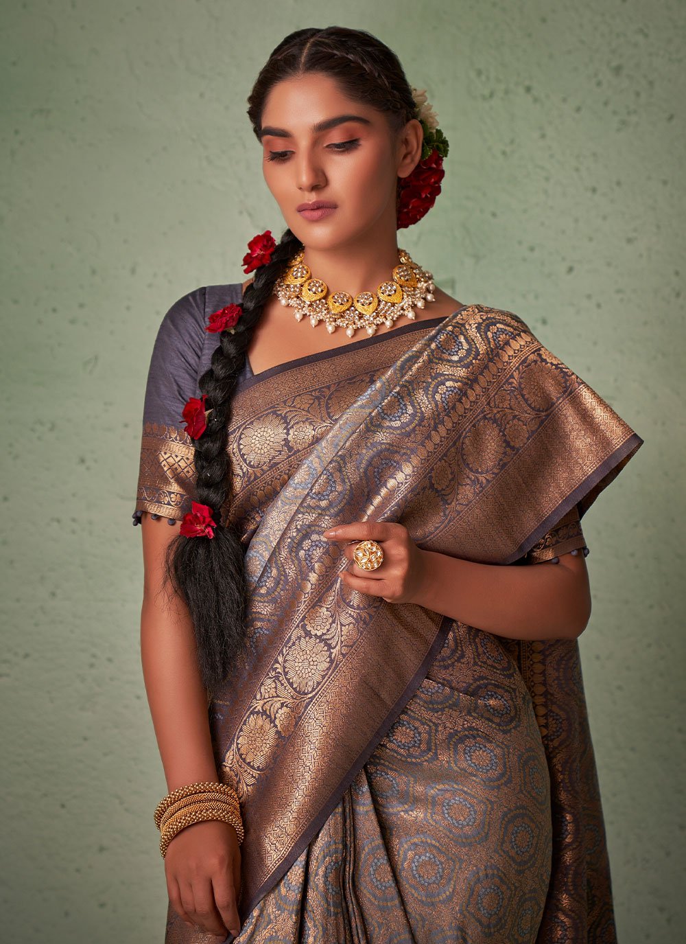 Traditional Saree Raw Silk Grey Weaving Saree