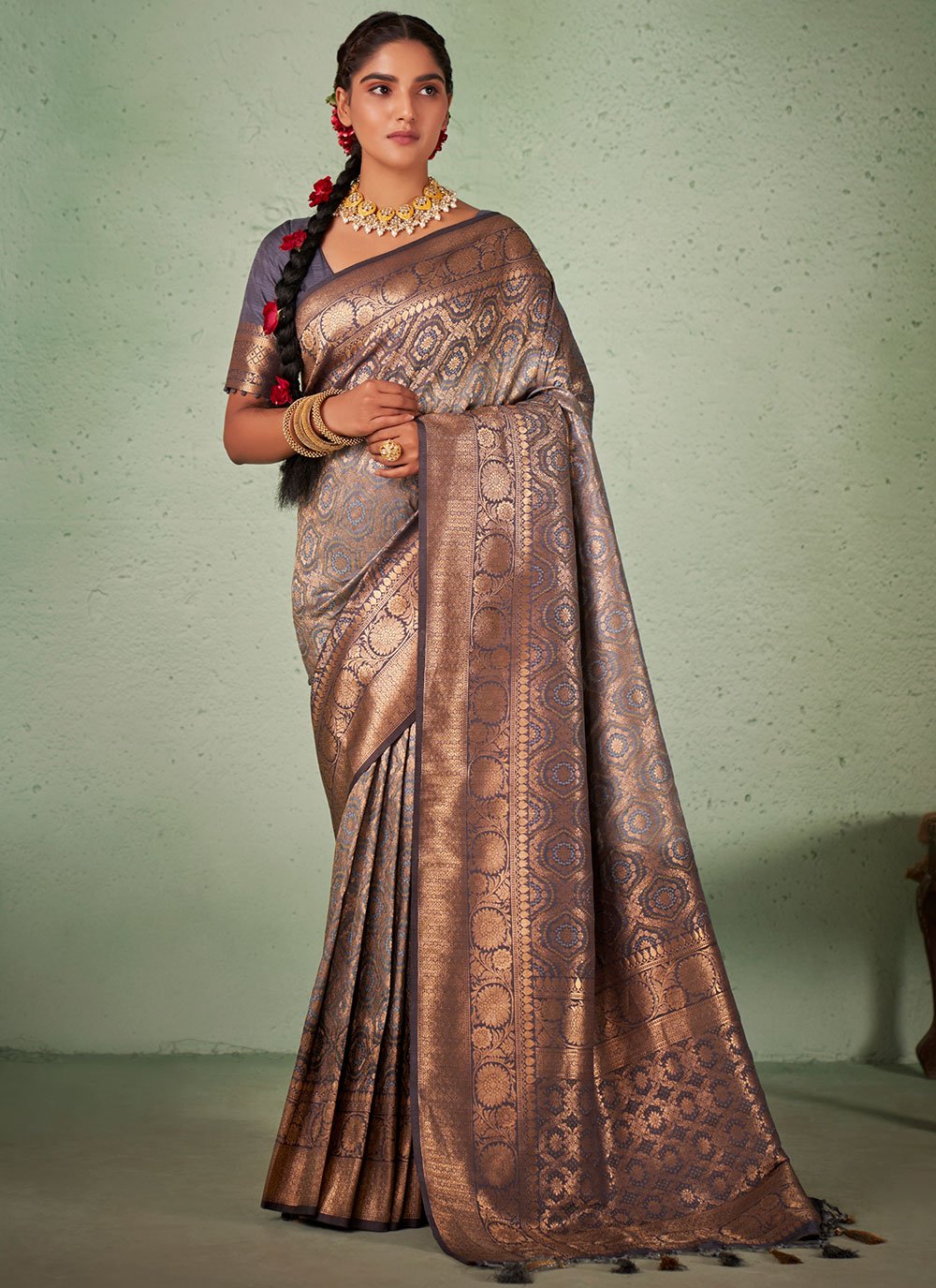 Traditional Saree Raw Silk Grey Weaving Saree