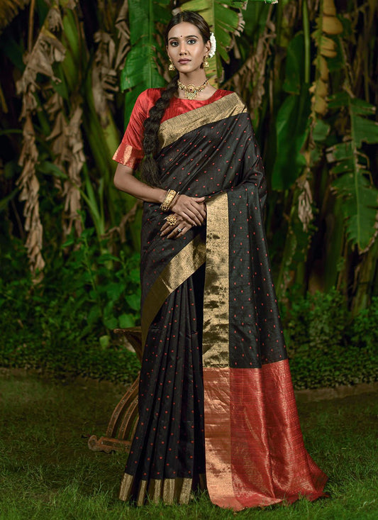 Bandhani Saree Raw Silk Black Woven Saree