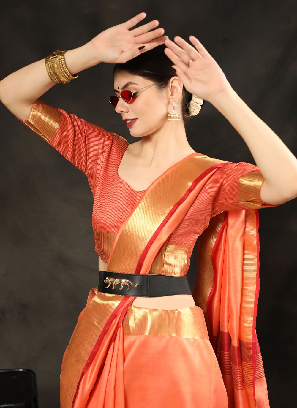 Classic Raw Silk Orange Patch Border Saree