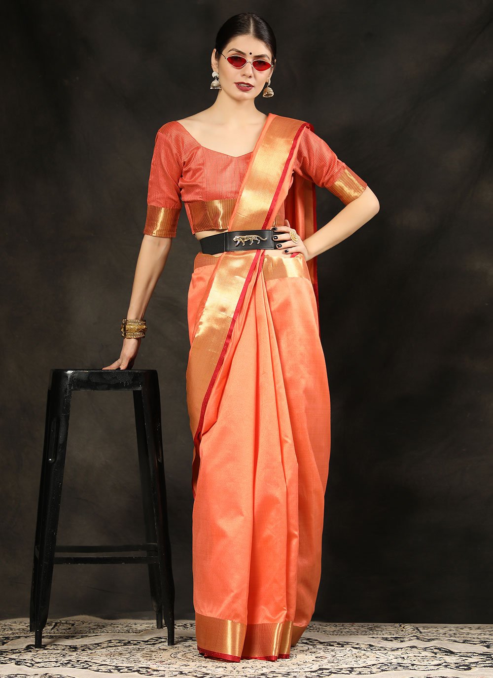 Classic Raw Silk Orange Patch Border Saree