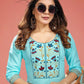 Party Wear Kurti Rayon Aqua Blue Embroidered Kurtis