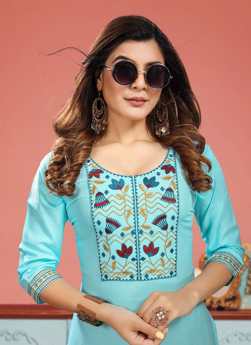 Party Wear Kurti Rayon Aqua Blue Embroidered Kurtis