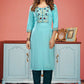 Party Wear Kurti Rayon Aqua Blue Embroidered Kurtis