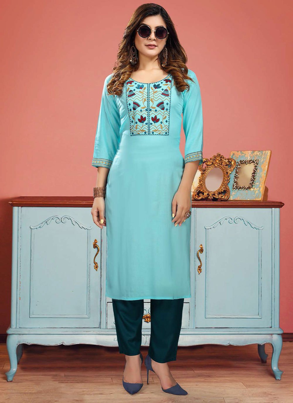 Party Wear Kurti Rayon Aqua Blue Embroidered Kurtis