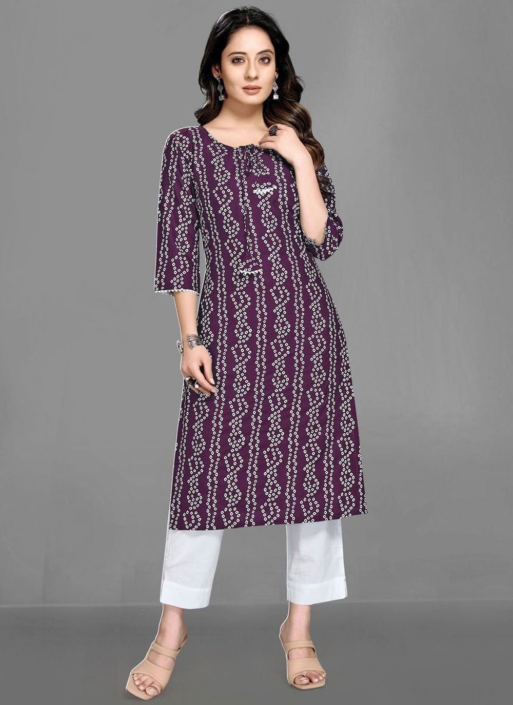 Casual Kurti Rayon Wine Bandhej Kurtis