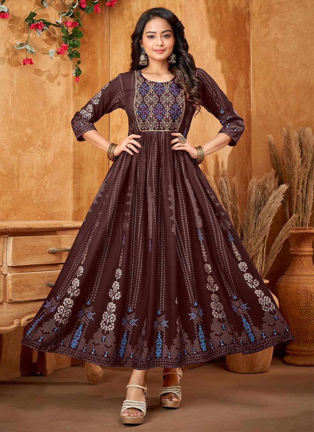 Floor Length Kurti Rayon Brown Embroidered Kurtis