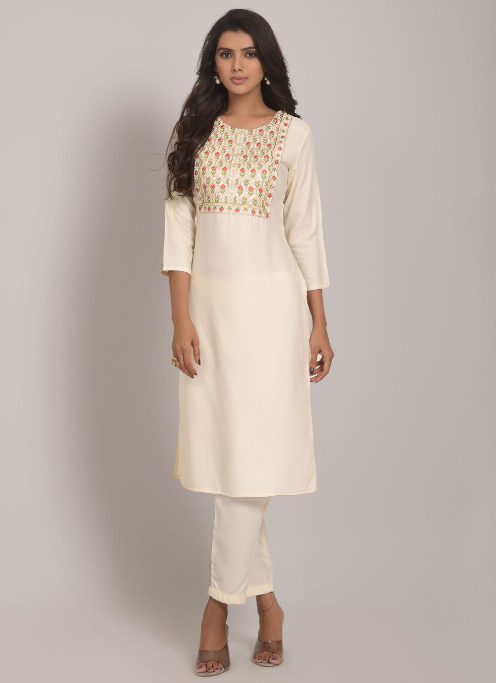 Designer Kurti Rayon Off White Embroidered Kurtis