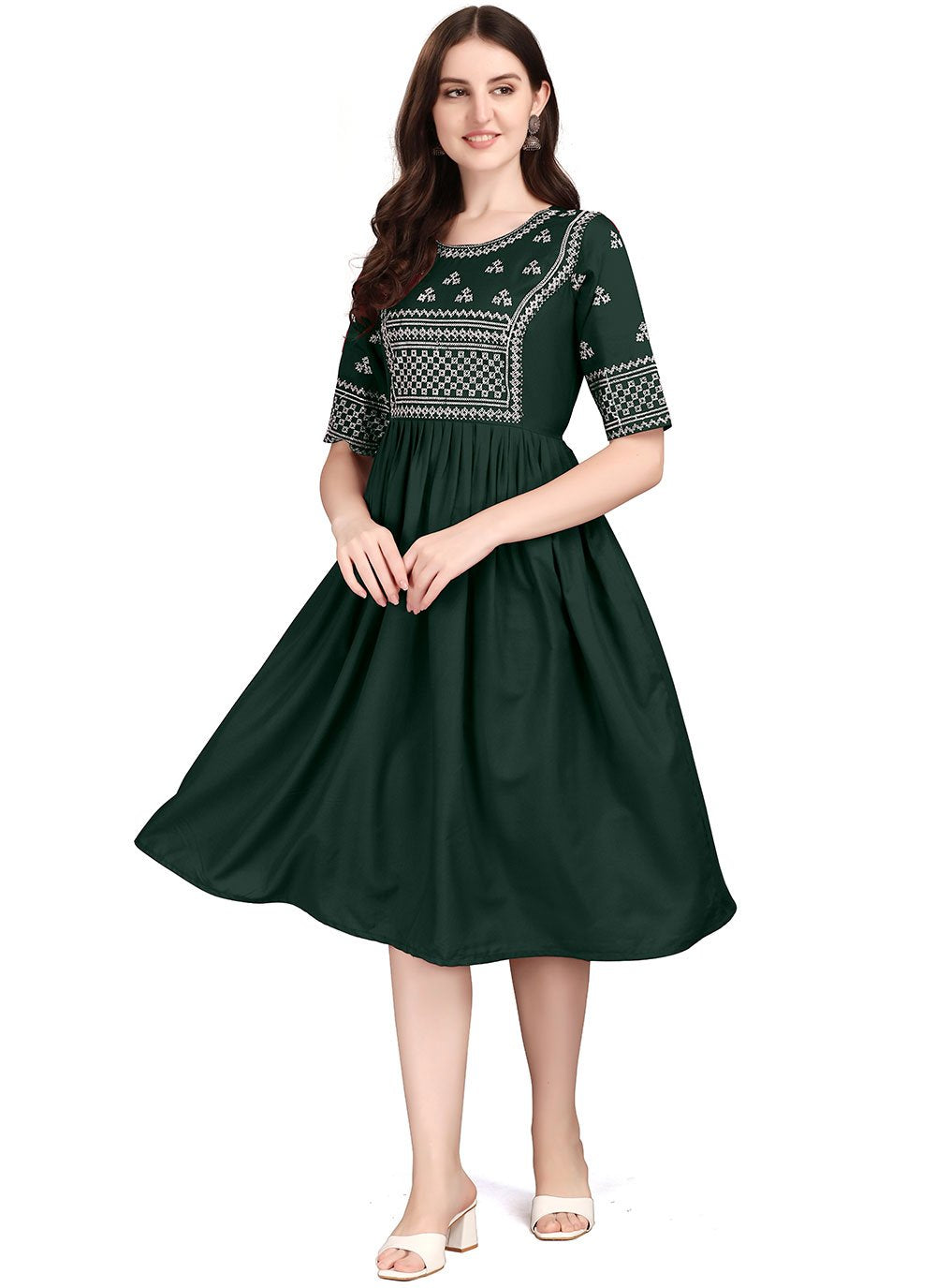 Designer Kurti Rayon Green Embroidered Kurtis