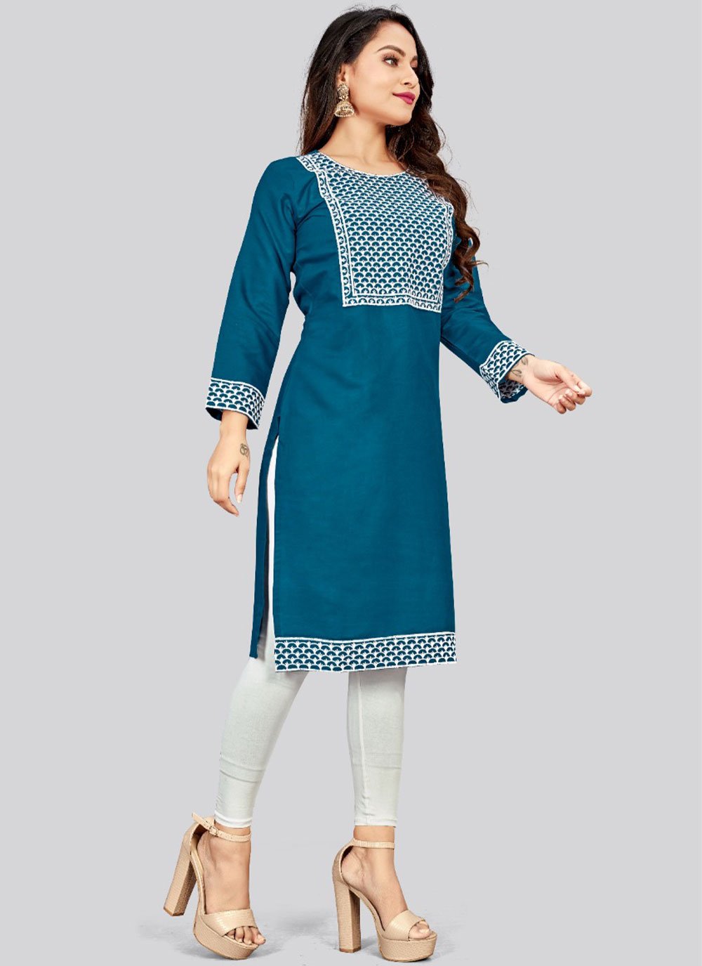 Casual Kurti Rayon Blue Embroidered Kurtis