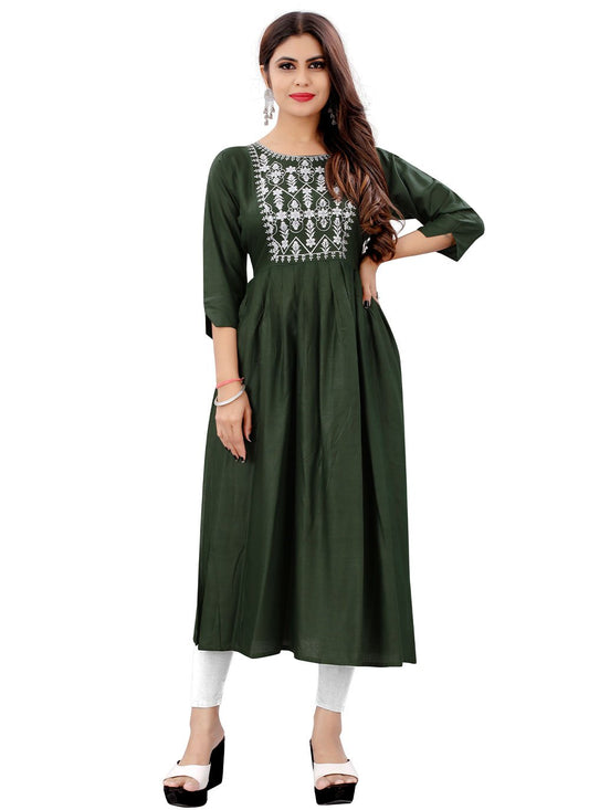 Casual Kurti Rayon Green Embroidered Kurtis