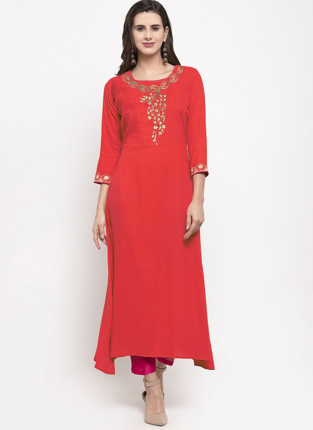 Casual Kurti Rayon Red Embroidered Kurtis