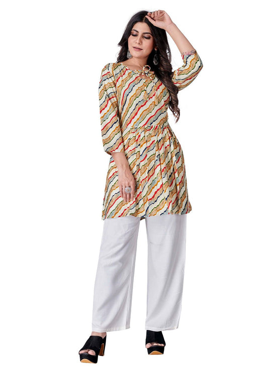 Designer Kurti Cotton Rayon Cream Foil Print Kurtis