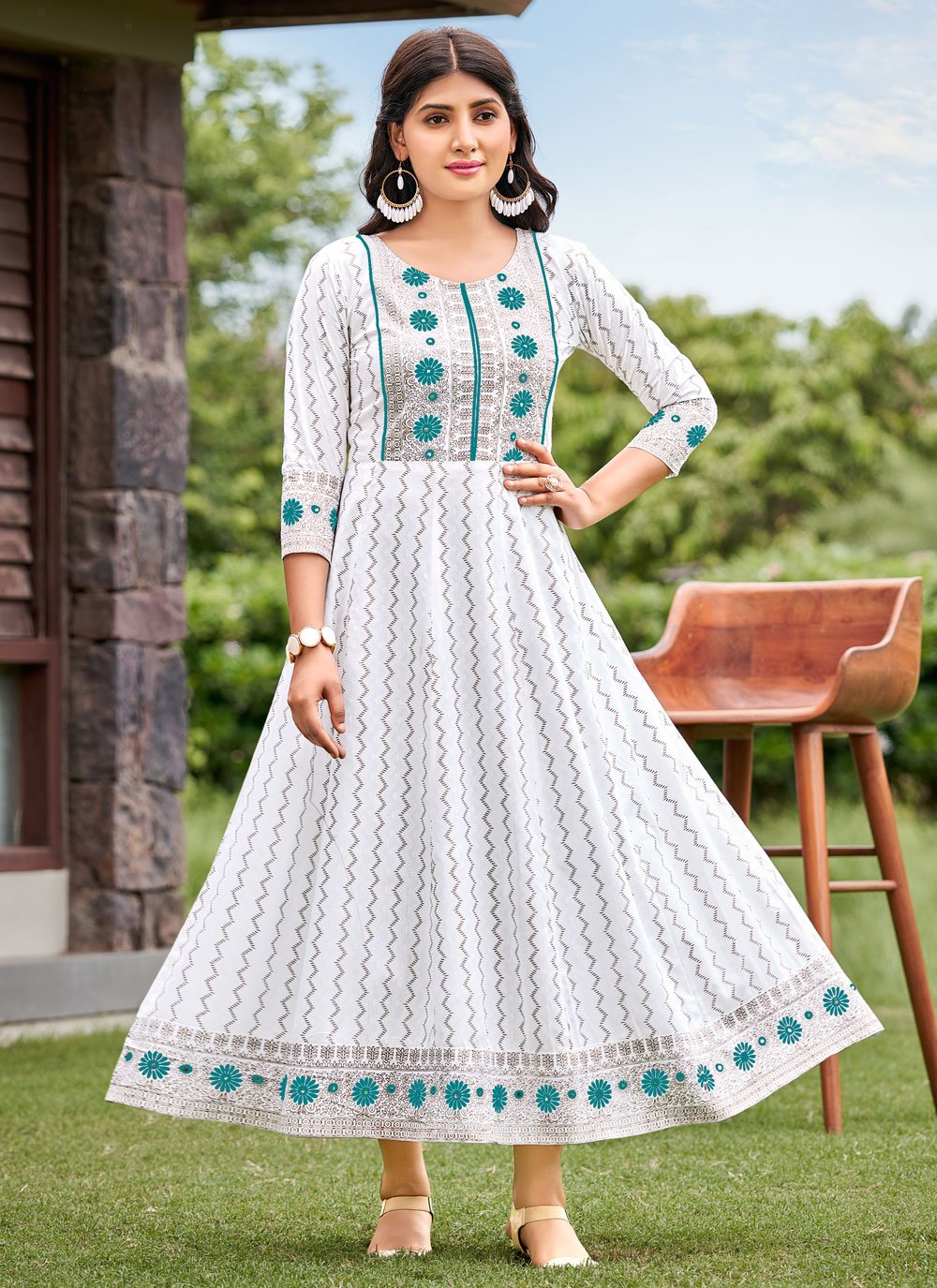 Designer Gown Rayon White Print Gown