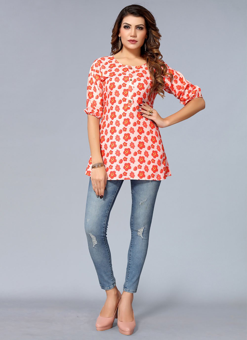 Designer Kurti Rayon Pink Print Kurtis