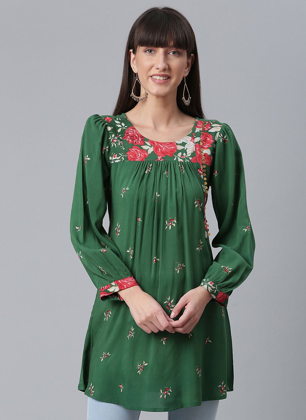 Designer Kurti Rayon Green Print Kurtis